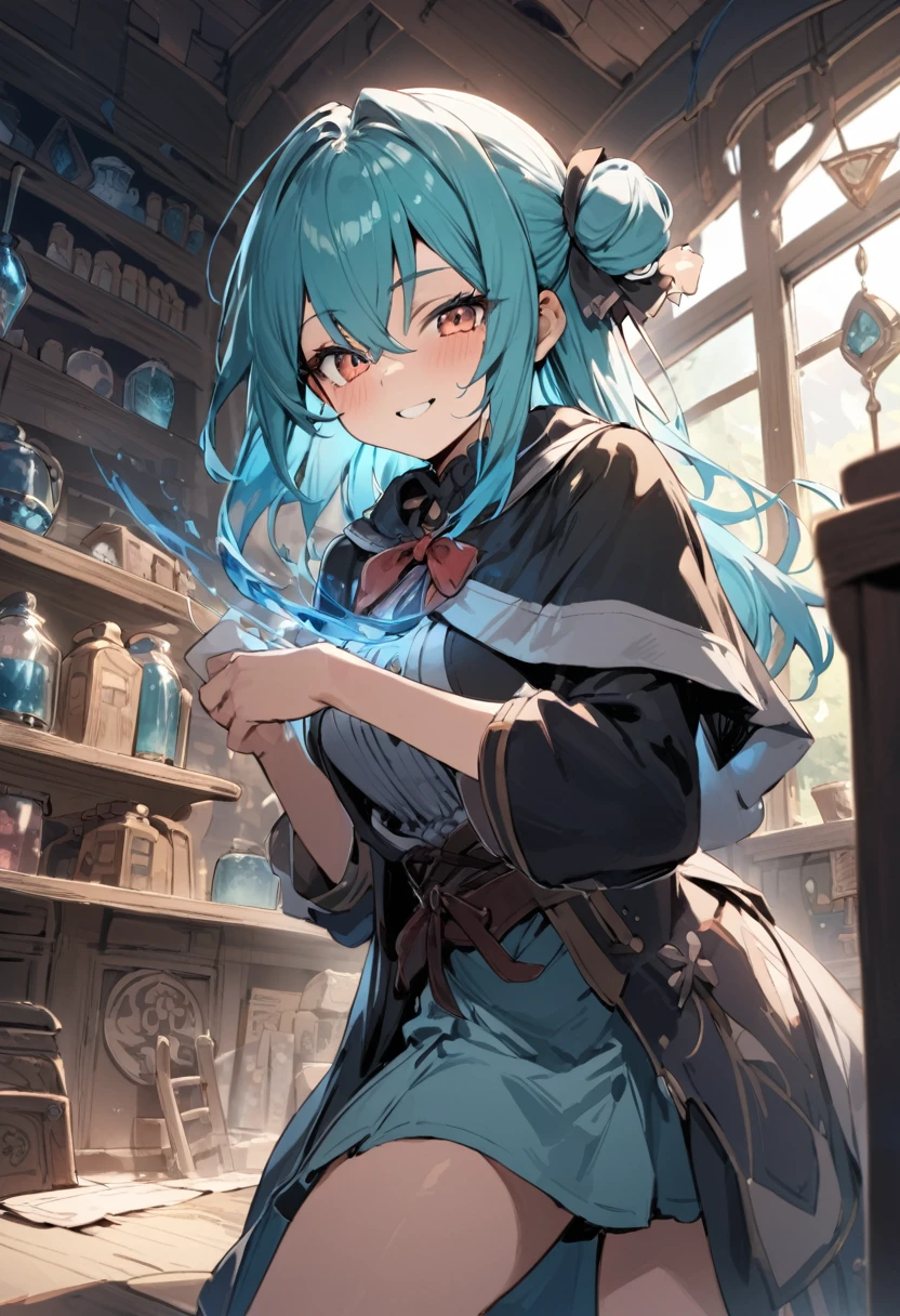 ((masterpiece,best quality)), absurdres,
Yohane_Genjitsu_no_Yohane, single side bun, black capelet,
solo, smiling, looking at viewer, cowboy shot,
magic shop, cinematic composition, dynamic pose,