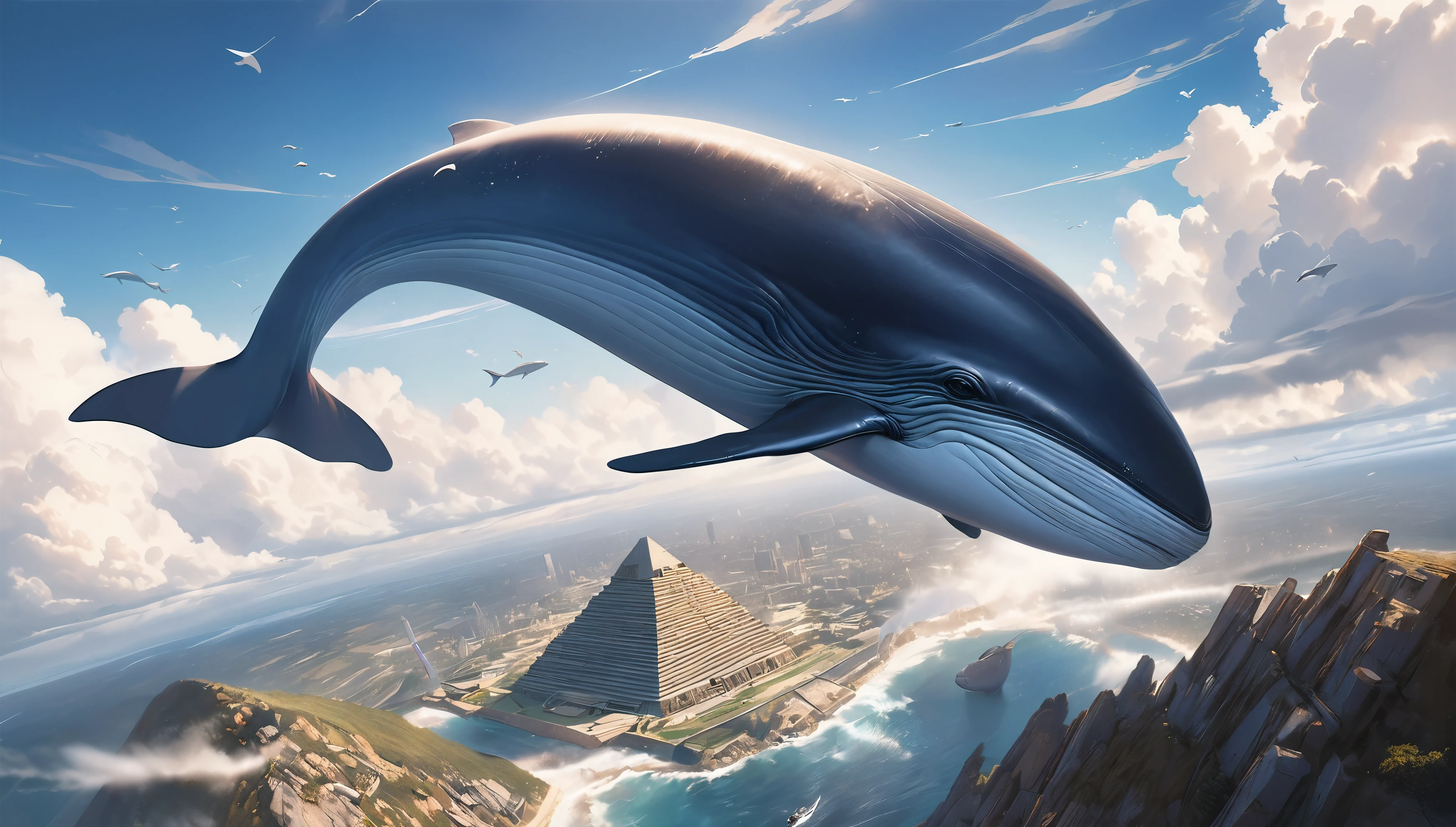 Blue whale flying in the sky, Aesthetic Moby Dick, dynamic, Splash-like clouds, BREAK Above the runway at the airport, (Realistic, Realistic photos:1.37, Photorealistic), 