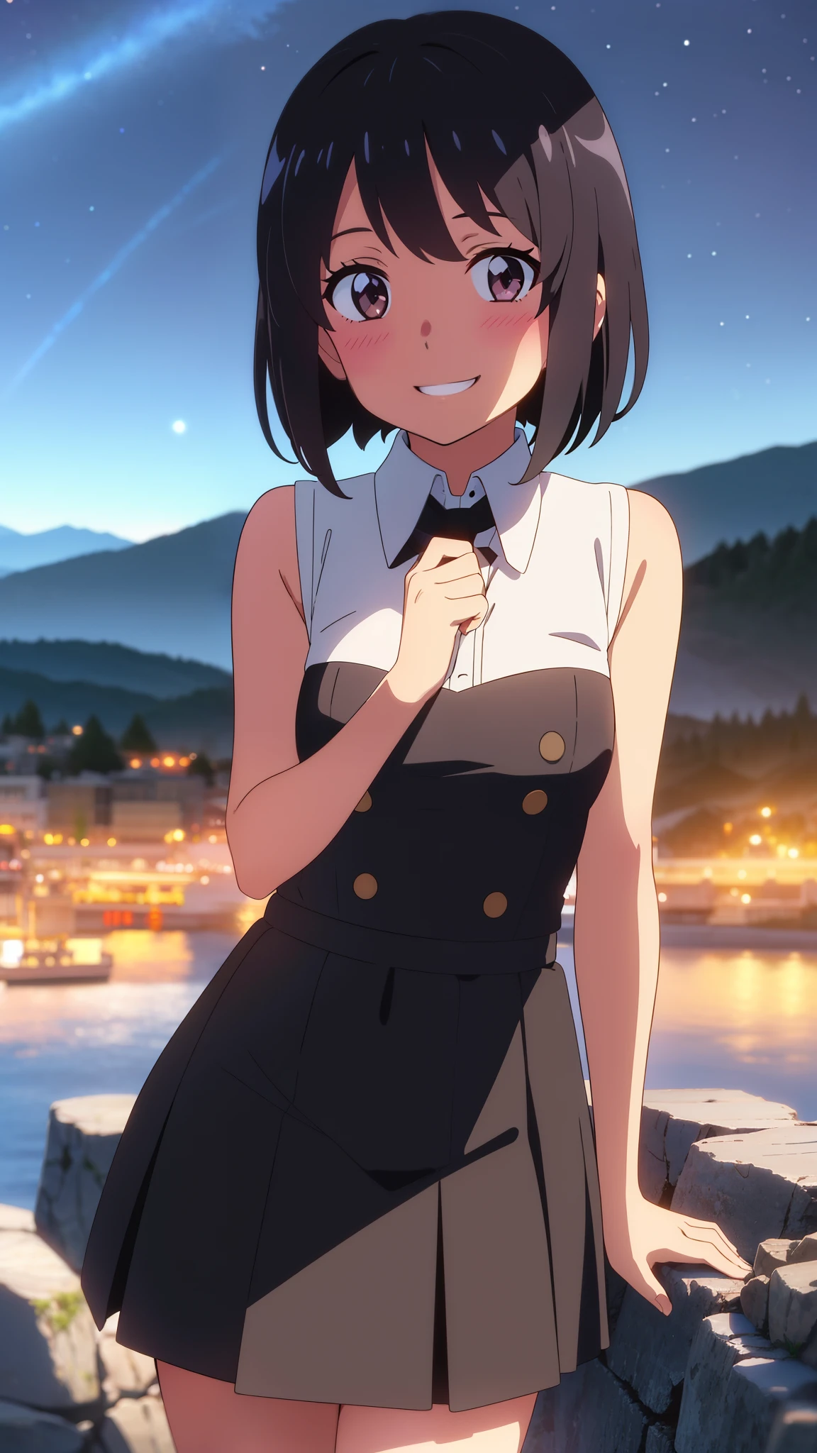 shinkai makoto, kimi no na wa., 1girl, bangs, black hair, blush, expressive eyes, brown eyes, perfect face, looking at the viewer, black sleeveless dress, detached collar, black skirt, short hair, solo, outdoors, shinny skin, smile, cute, grin, night sky, mountains, rocks, (masterpiece), best quality