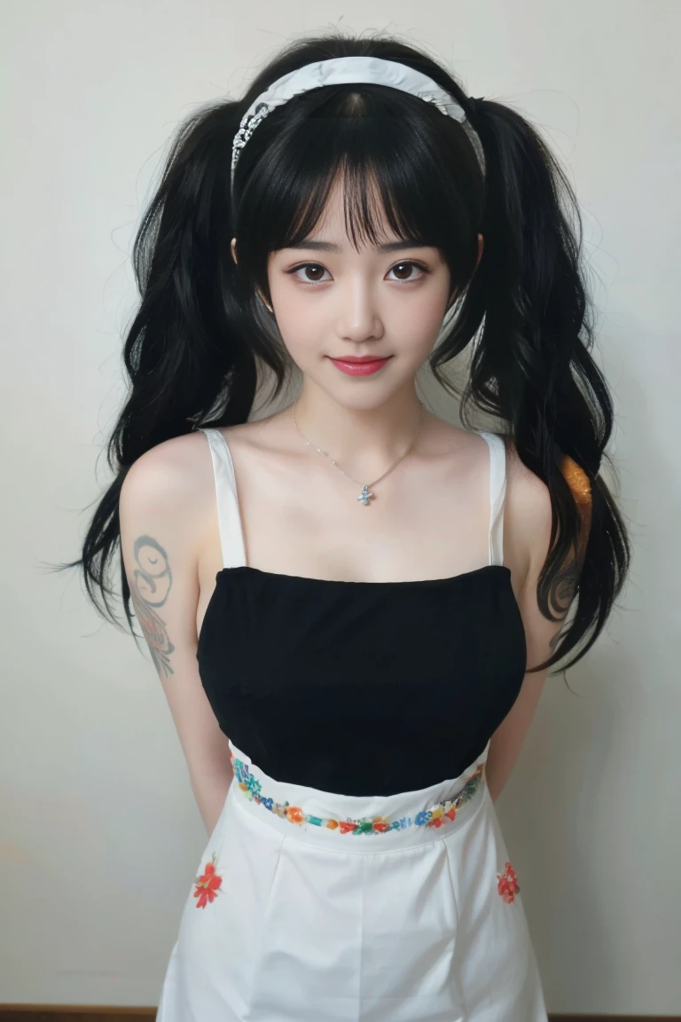 ulzzang-6500-v1.1,(raw photo:1.2),((photorealistic:1.30)), ((best quality)) ,((masterpiece)),((Ultra High Resolution)), ((Clear View)),,Ultra-high resolution,Clear face,（Reality：1.4) ,  illustration, an extremely delicate and beautiful, extremely detailed ,CG ,unity ,8k wallpaper, Amazing, finely detail, masterpiece,best quality,official art,extremely detailed CG unity 8k wallpaper,absurdres, incredibly absurdres, huge filesize, ultra-detailed, highres, extremely detailed,beautiful detailed girl, extremely detailed eyes and face, beautiful detailed eyes,light on face,cinematic lighting,1girl, 独奏, long hair, (twintails:1.5),brown hair,bare shoulders, jewelry, collarbone, earrings,smile, necklace, apron, apron, (full body), standing, (Tattoos), (Tattoos on the body), (super Giant breasts:1.3), (shagging breasts), (From the front:1.3), smile,