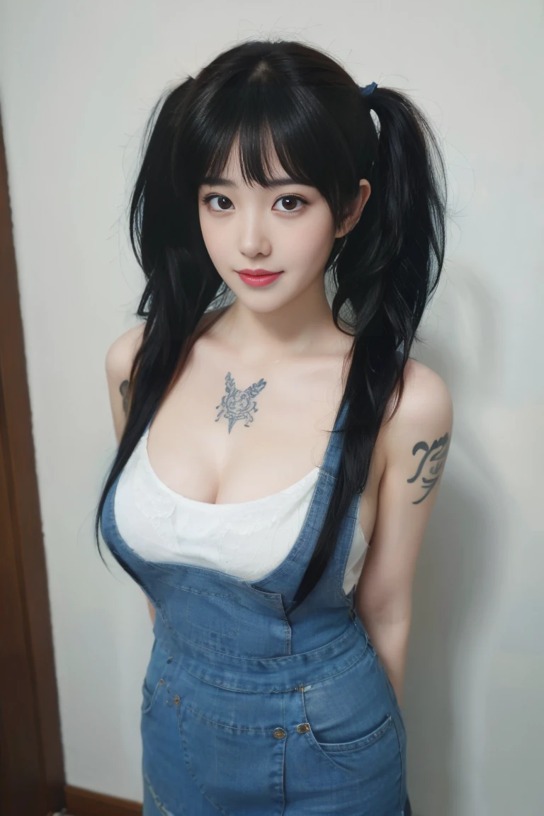 ulzzang-6500-v1.1,(raw photo:1.2),((photorealistic:1.30)), ((best quality)) ,((masterpiece)),((Ultra High Resolution)), ((Clear View)),,Ultra-high resolution,Clear face,（Reality：1.4) ,  illustration, an extremely delicate and beautiful, extremely detailed ,CG ,unity ,8k wallpaper, Amazing, finely detail, masterpiece,best quality,official art,extremely detailed CG unity 8k wallpaper,absurdres, incredibly absurdres, huge filesize, ultra-detailed, highres, extremely detailed,beautiful detailed girl, extremely detailed eyes and face, beautiful detailed eyes,light on face,cinematic lighting,1girl, 独奏, long hair, (twintails:1.5),brown hair,bare shoulders, jewelry, collarbone, earrings,smile, necklace, apron, apron, (full body), standing, (Tattoos), (Tattoos on the body), (super Giant breasts:1.3), (shagging breasts), (From the front:1.3), smile,