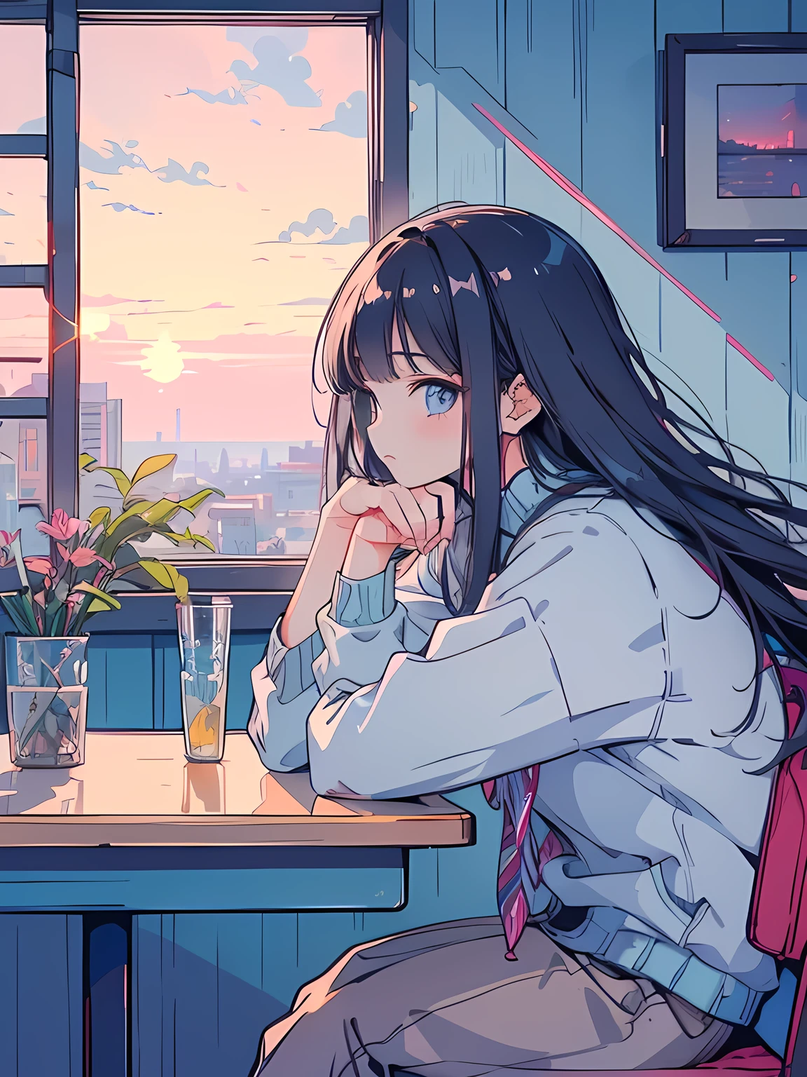(masterpiece:1.5, best quality:1.5), ((VaporWave style, partially coloring)), cinematic angle, Semi-long hair, Asymmetrical bangs, 1girl, (Hair flowing in the wind), Staring tiredly out the window, (Looking out the window), (sunset outside the window, sunset through window), From inside the house, ((Rest chin on hand)), Poke out lips, Elbow on the table, ((facing beyond)), Gradient Processing, (face seen from the side), (Depth of written boundary), Short sleeve white shirt uniform, ultra straight hair, 