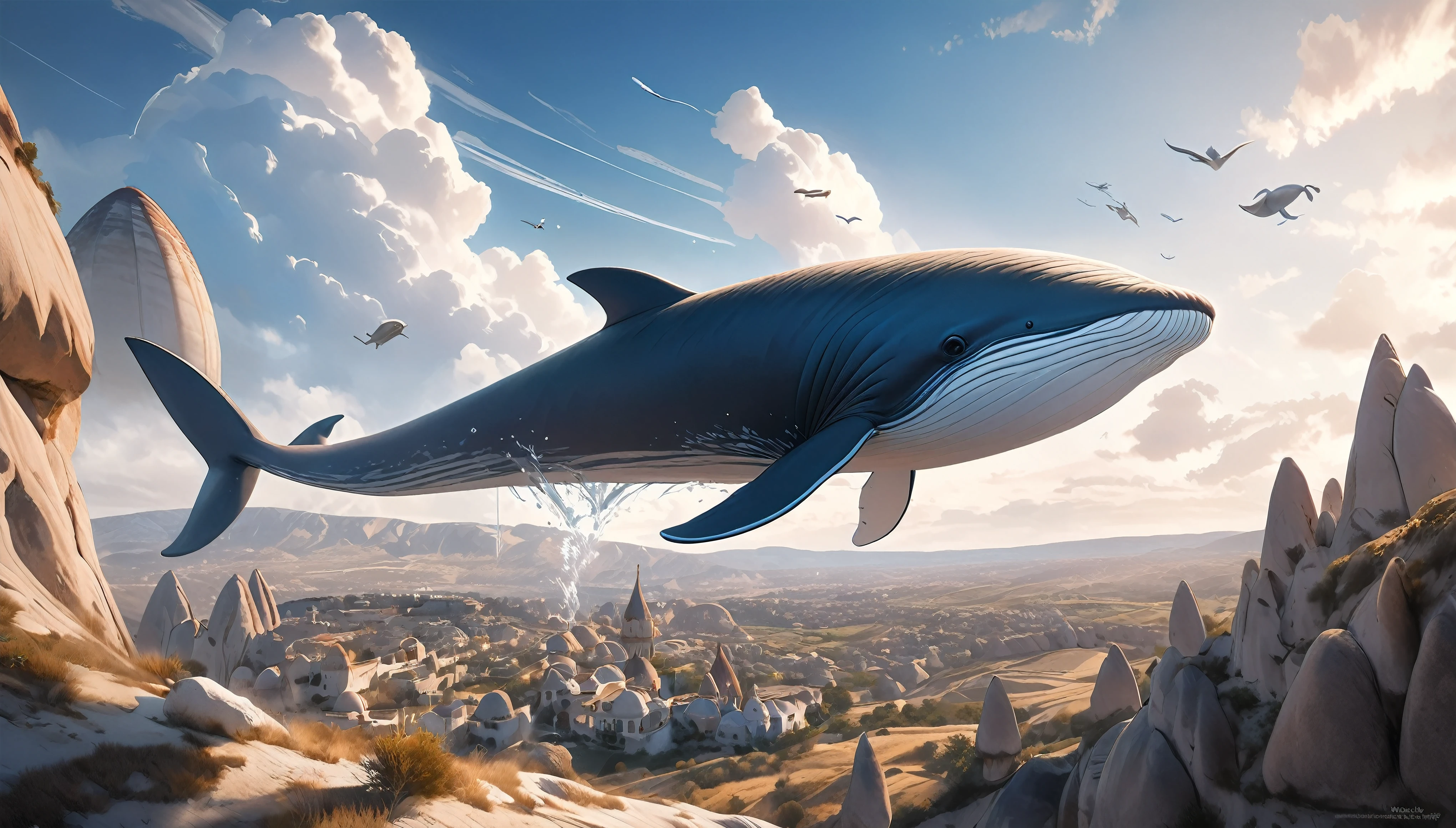 Blue whale flying in the sky, Aesthetic Moby Dick, dynamic, Splash-like clouds, BREAK Above the runway at the airport, (Realistic, Realistic photos:1.37, Photorealistic), 