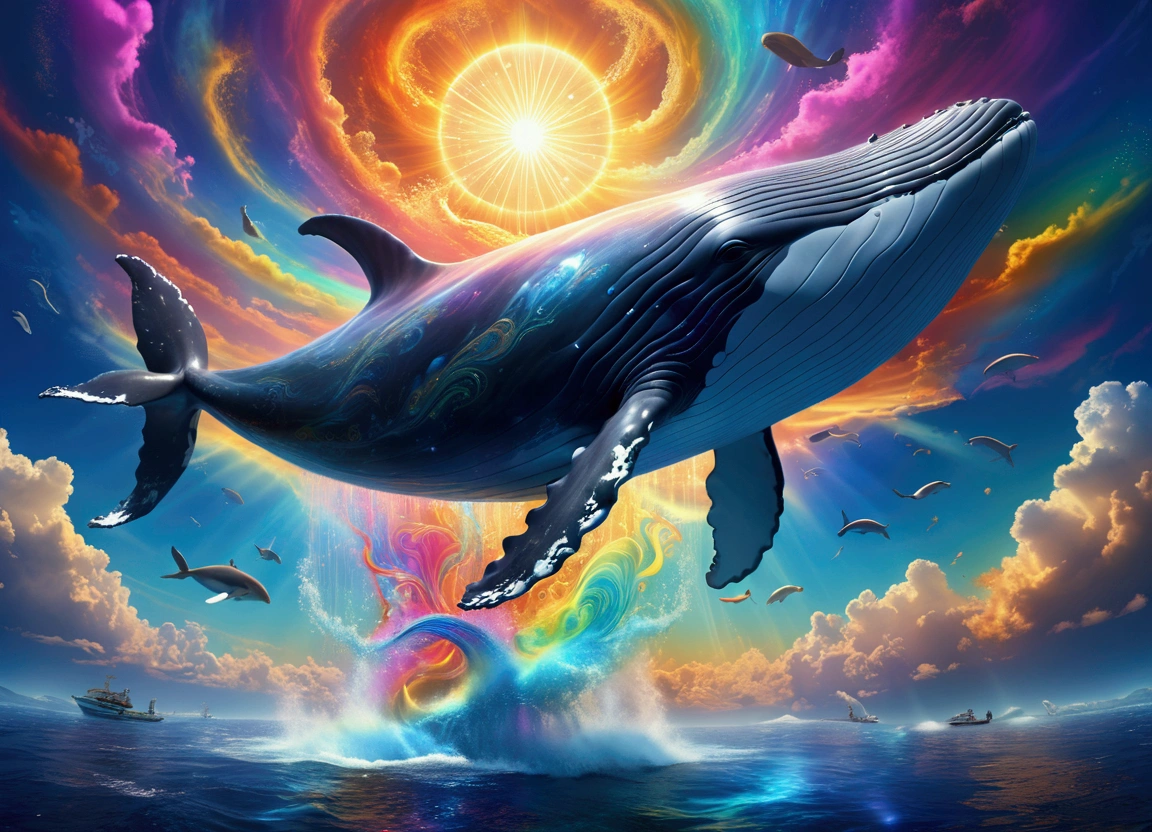 (Flying Whale), nestled in a colorful hidden nook between the sheer, multi-colored, colorful the misty wind creating an ethereal background, full body, award-winning, cinematic still, emotional, vignette, dynamic, vivid, (masterpiece, best quality, Professional, perfect composition, very aesthetic, absurdres, ultra-detailed, intricate details:1.3)