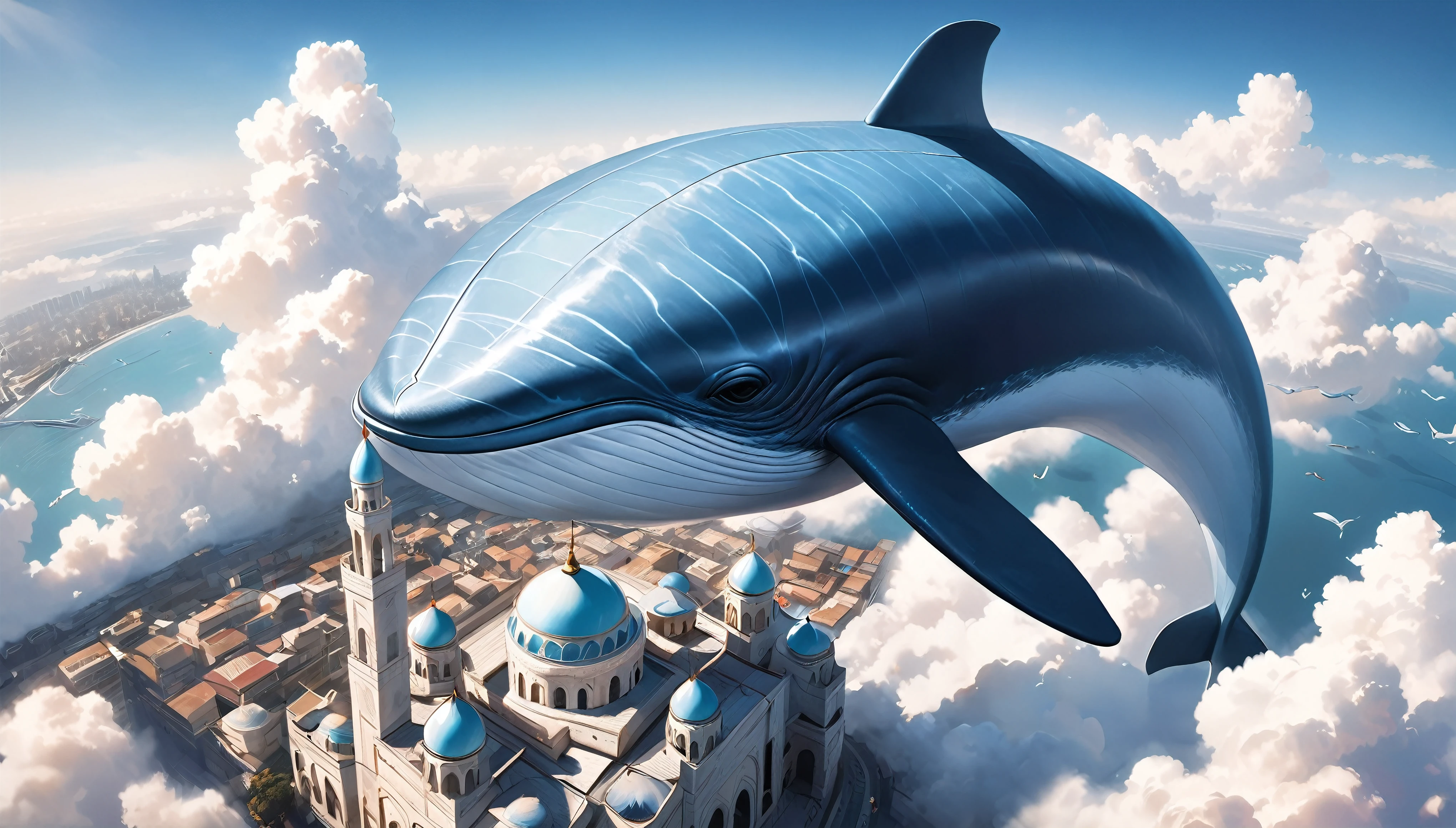 Blue whale flying in the sky, Aesthetic Moby Dick, dynamic, Splash-like clouds, BREAK Above the runway at the airport, (Realistic, Realistic photos:1.37, Photorealistic), 