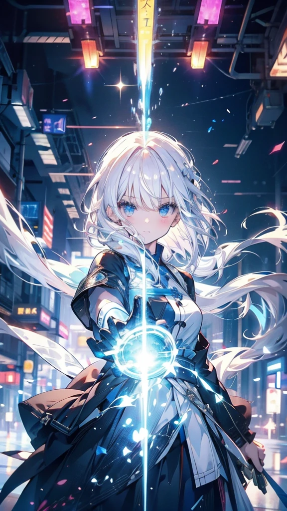 mystery。White hair girl。Detailed background。近未来のサイバースーツを着たWhite hair girlが戦闘体勢に入っているシーン。Behind is a hologram of a future city and neon lights.。
