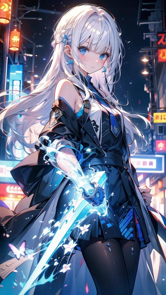 mystery。White hair girl。Detailed background。近未来のサイバースーツを着たWhite hair girlが戦闘体勢に入っているシーン。Behind is a hologram of a future city and neon lights.。