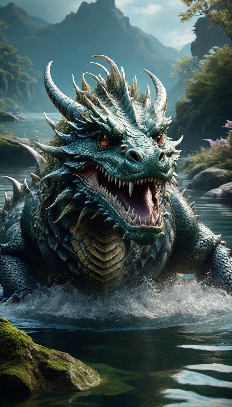 Panorama，A creature in water，Old and dragon body(best quality，4K，8k，High level，masterpiece：1.2），Ultra Detailed，（lifelike，Photo real，Photo real：1.37），Highly detailed animals，Complex patterns，Realistic lighting，Fantasy Creatures