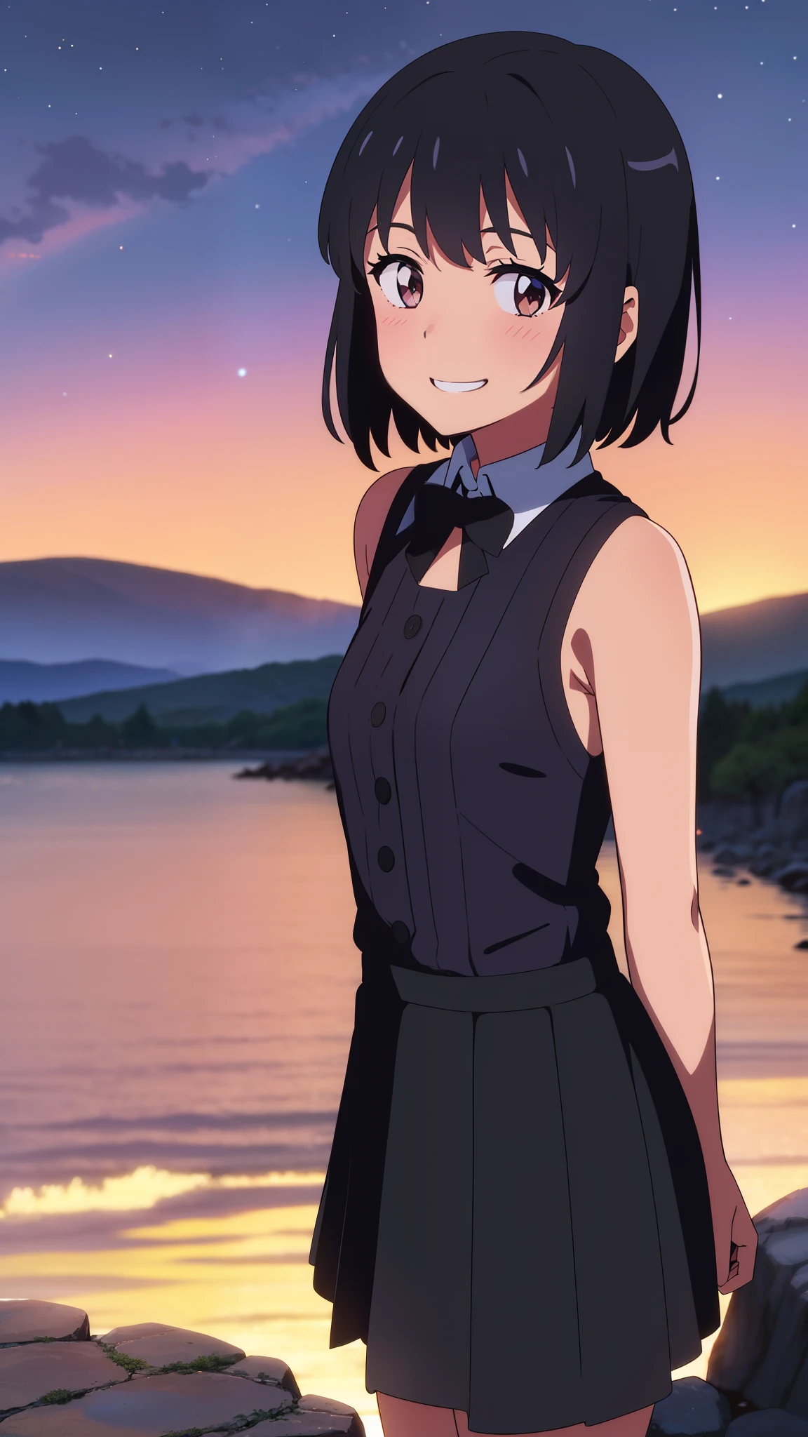 shinkai makoto, kimi no na wa., 1girl, bangs, black hair, blush, expressive eyes, brown eyes, perfect face, looking at the viewer, black sleeveless dress, detached collar, black skirt, short hair, solo, outdoors, shinny skin, smile, cute, grin, night sky, mountains, rocks, (masterpiece), best quality