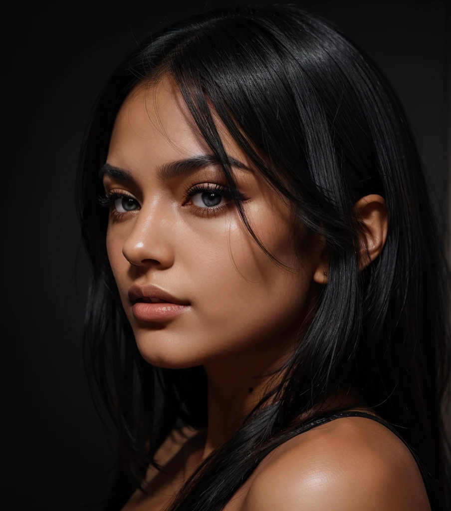 young woman, skin black, blackquality hair, dark shaped eyes, glare eyes, side profile of the face, face detailed, light brightening the face, black background with details, redgown, bluor.