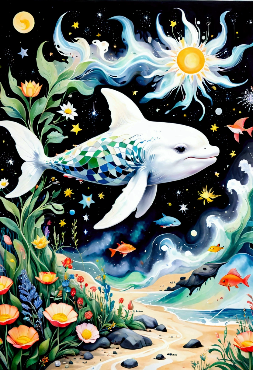 Children's graffiti,Thick coating，Concave and convex texture，Oil pastel strokes：Artists from the stars，Child，joy， Flying white Whale:1.37、Eruption Cloud、flowesh、章fish触手瀑布。、bird、Eye、diatom，Abstract mosaic painting，Describing the inner world of autistic people，Large area of white，interesting，Innocence，Vision，Psychedelic Art，Black starry sky

