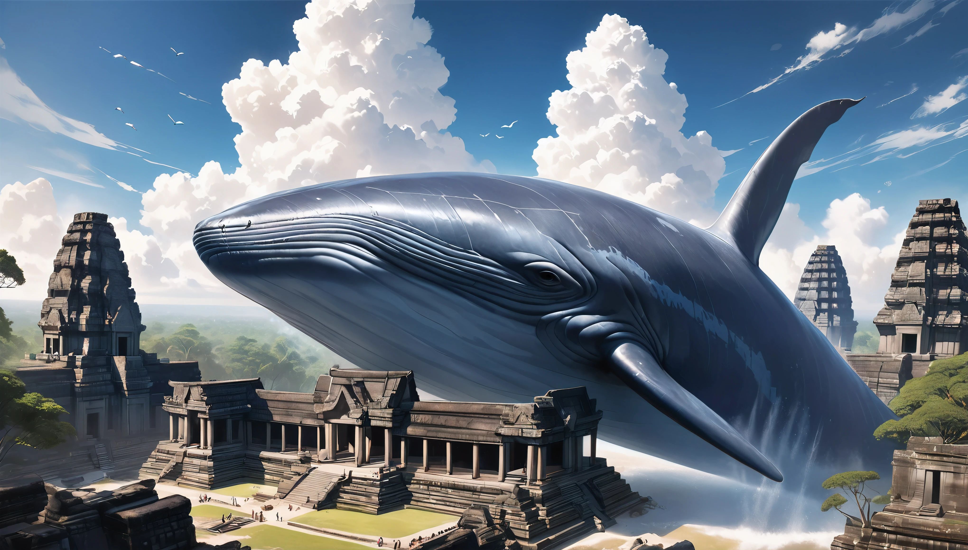 Blue whale flying in the sky, Aesthetic Moby Dick, dynamic, Splash-like clouds, BREAK Above the runway at the airport, (Realistic, Realistic photos:1.37, Photorealistic), 