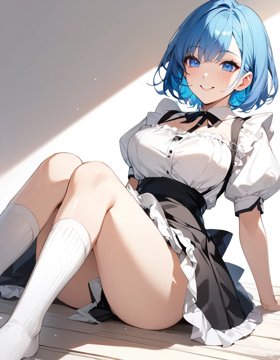 Beautiful girl in maid、(Top quality illustrations:1.2), (pretty girl:1.1), (1 girl、、Top quality illustrations:1.2), (1 girl、smile、Medium chest、Beautiful breasts、Highly detailed eyes:1.2)、Bright blue hair、Short Bob Hair、(Black and white maid costume、White knee-high socks) 、Sitting on the floor、White background、Simple Background