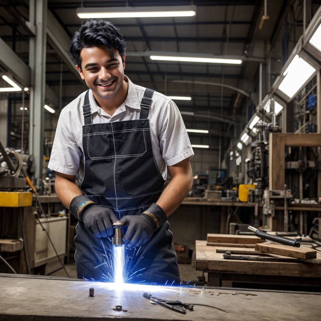 Absurd resolution, high resolution, (masterpiece: 1.4), hyper-detail, young man's messy short black hair, welder dressed up, grinning look, factory high-tech workbench, technology sense screen