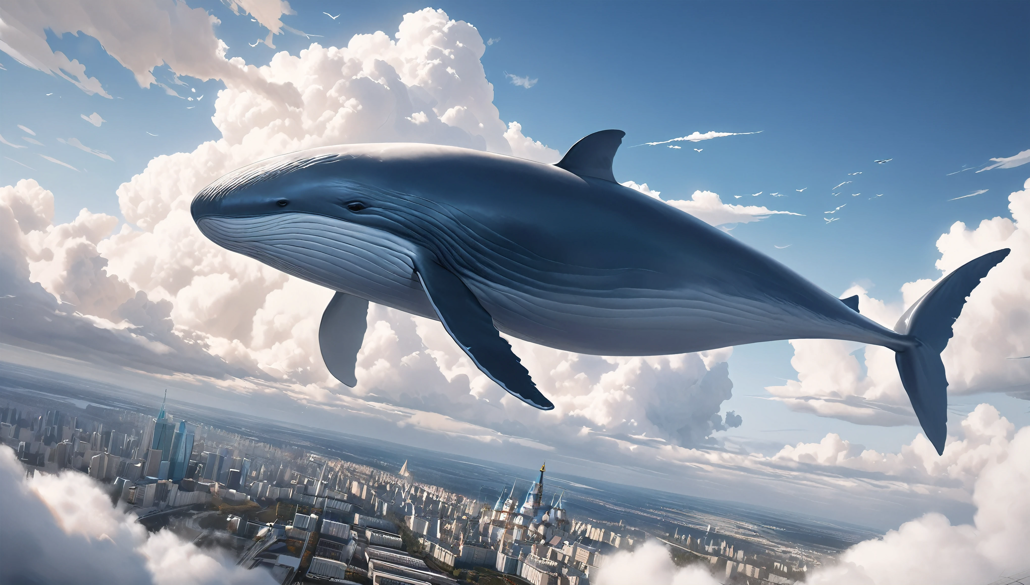 Blue whale flying in the sky, Aesthetic Moby Dick, dynamic, Splash-like clouds, BREAK Above the runway at the airport, (Realistic, Realistic photos:1.37, Photorealistic), 