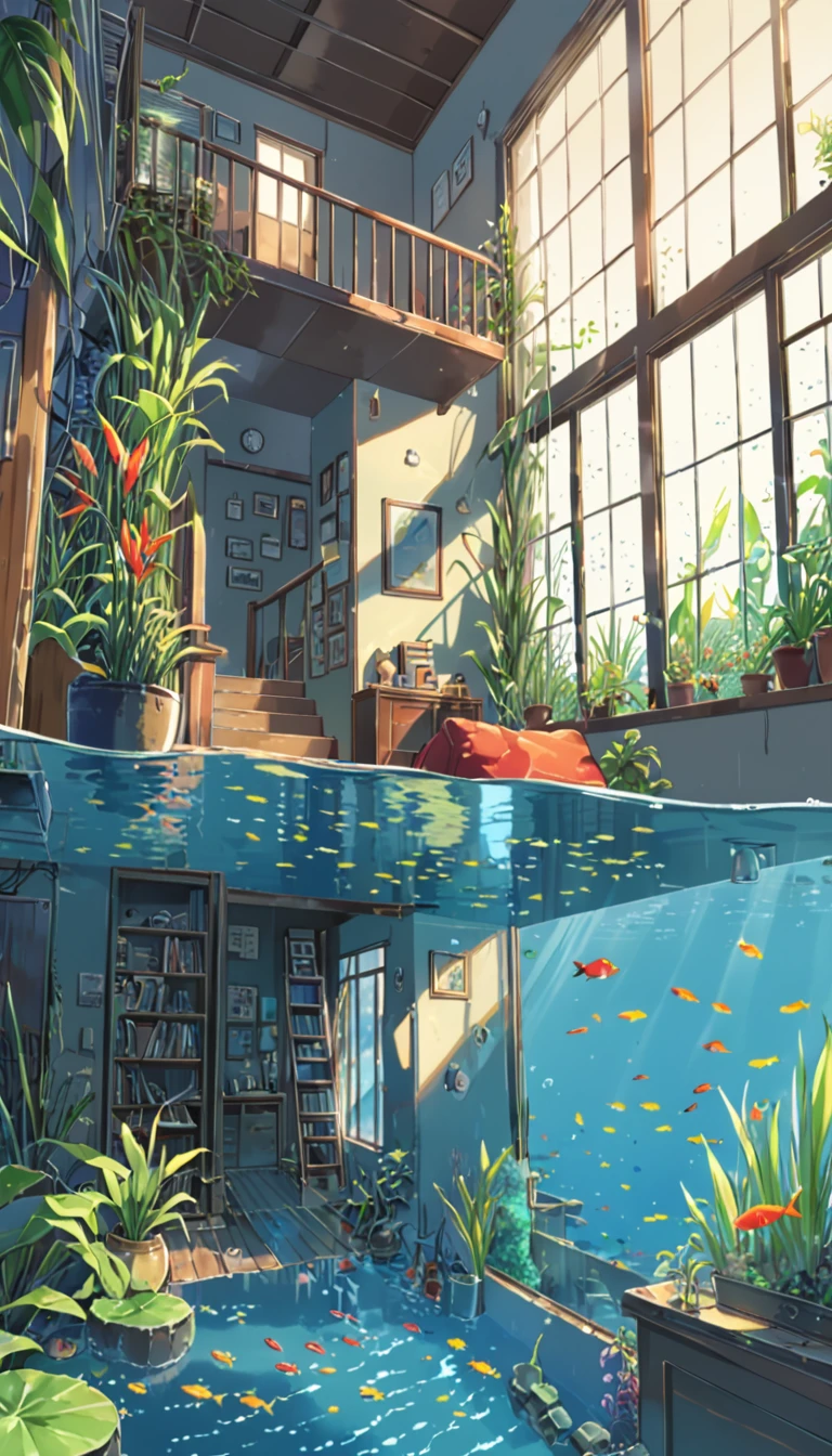 ((anime:1.4,illustration)),(masterpiece, top quality, best quality),(ultra-detailed, absolutely resolution),((16k, high res)). BREAK {lofi art, style of Laurie Greasley, style of Makoto Shinkai, anime aesthetic}, BREAK {A house sunk at the bottom of the sea, a house at the bottom of the sea, red and blue and yellow fish swimming in the house, water plants growing in the house, sunlight reaching the bottom of the water.}