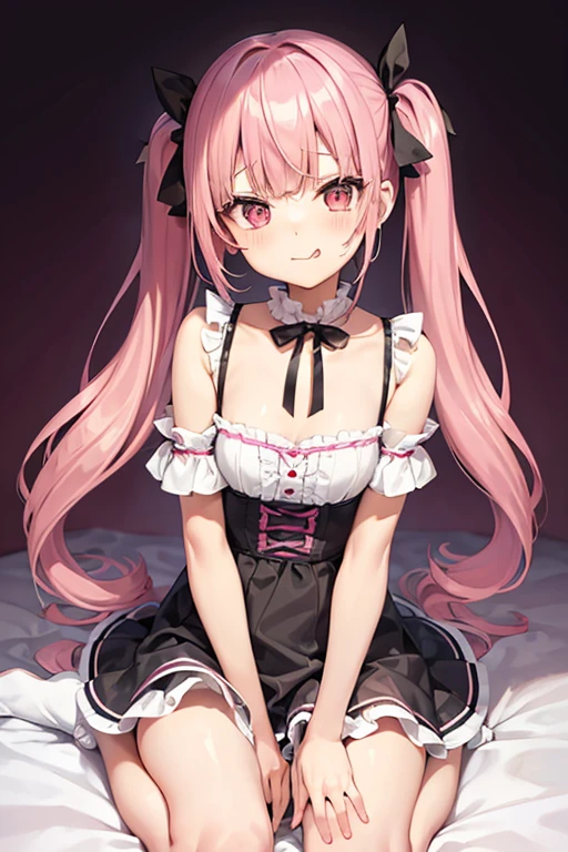 Twin tails、Pink Hair、Wavy Hair、Slanted Eyes、pretty girl、Spoiled brat、Little devil、Thin chest、tongueを出している、ribbon、tongue、Ruffled clothing、Please open your legs