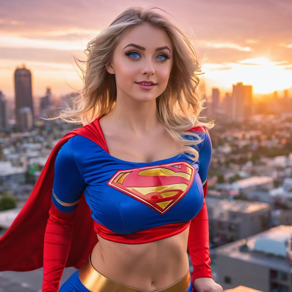 Sexy 20 year old woman in super Girl costume, blonde hair, fit body, midriff visible, cleavage, perfect medium breasts, perfect face, perfect blue eyes, flying over city, sunset in background. 