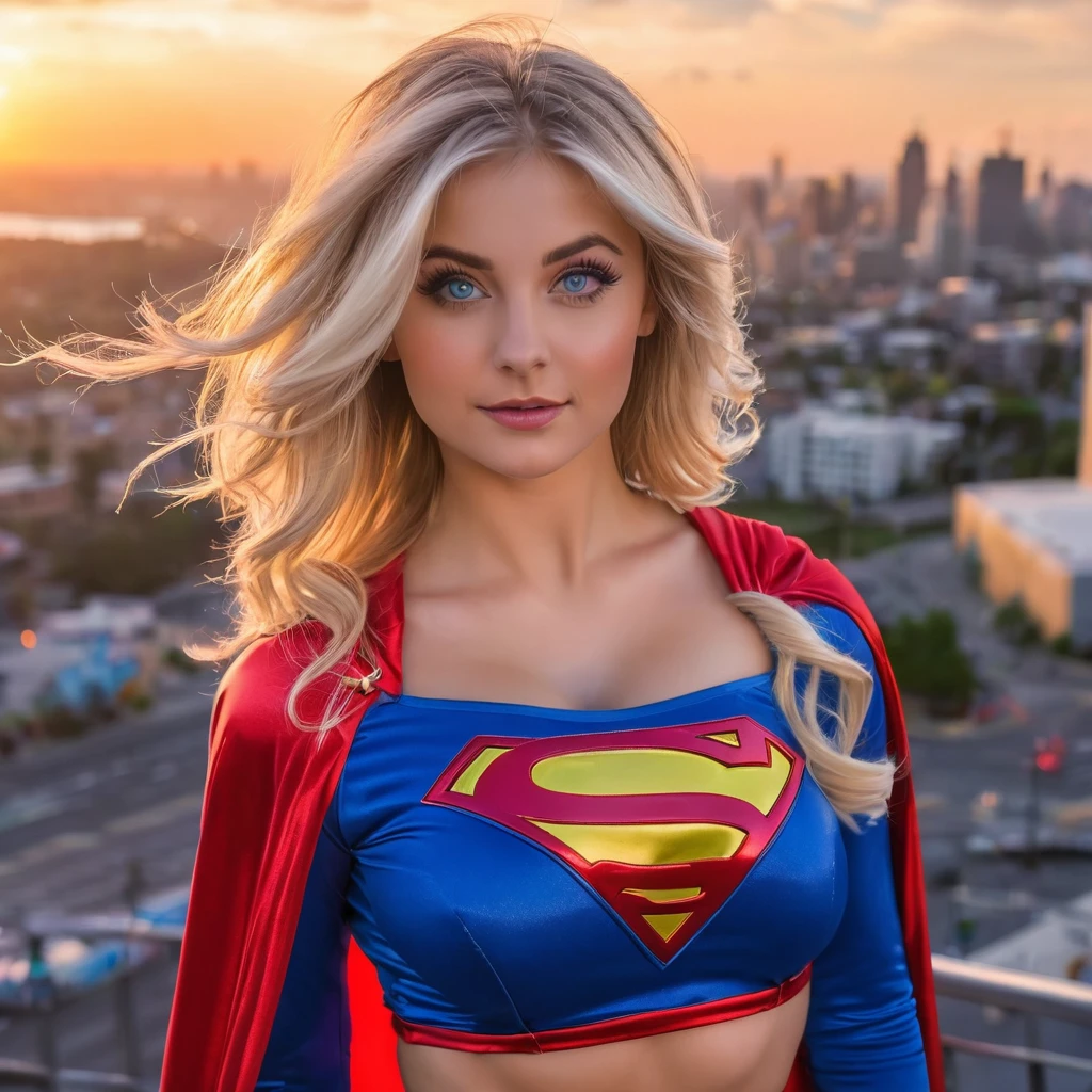 Sexy 20 year old woman in super Girl costume, blonde hair, fit body, midriff visible, cleavage, perfect medium breasts, perfect face, perfect blue eyes, flying over city, sunset in background.