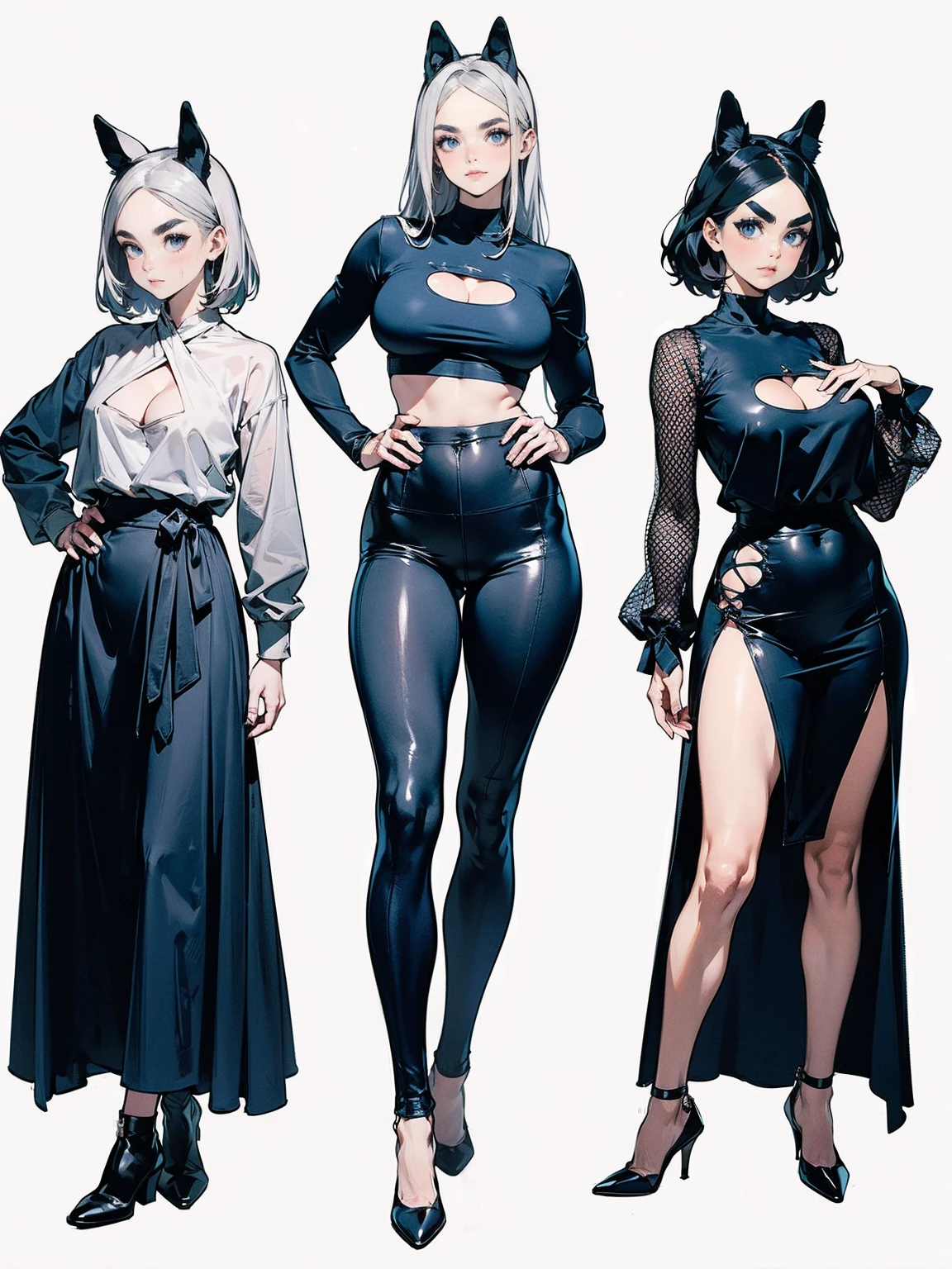 Sense of presence, look up, Focus on shoes, (White Hair Girl), (Thick, dark blue eyebrows:1.4), (Dark blue eyebrows:1.7), (Thick eyebrows:1.3), (Huge black fluffy animal ears:1.1), (Black animal ears:1.1), BREAK, (((Mesh Stitching Crop T-Shirt, Cutout Long Sleeve Top))),BREAK, (Big Breasts:1.2, Thick legs, Adult female body, Sturdy body:1.2), ((full body:1.7, Contrapposto:1.5)), (sharp eyes, Ultra-high definition CG, Precisely designed costumes, 4K, 8k, Ultra-high definition CG, Precisely designed costumes, Clear lines, Expressive and Captivating Eyes, Fine Details and Realistic Textures, cinematic lighting), ((white background)), BREAK, (Wearing black leggings with holes), Skinny sleeves, (Torn and holey leggings:1.2)(Black leggings:1.4), (過剰なRuggedThick soleブーツを履いています:1.2), (Thick sole:1.5), (Big shoes:1.3), brwak,((Lightsabers:1.3, embarrassed))