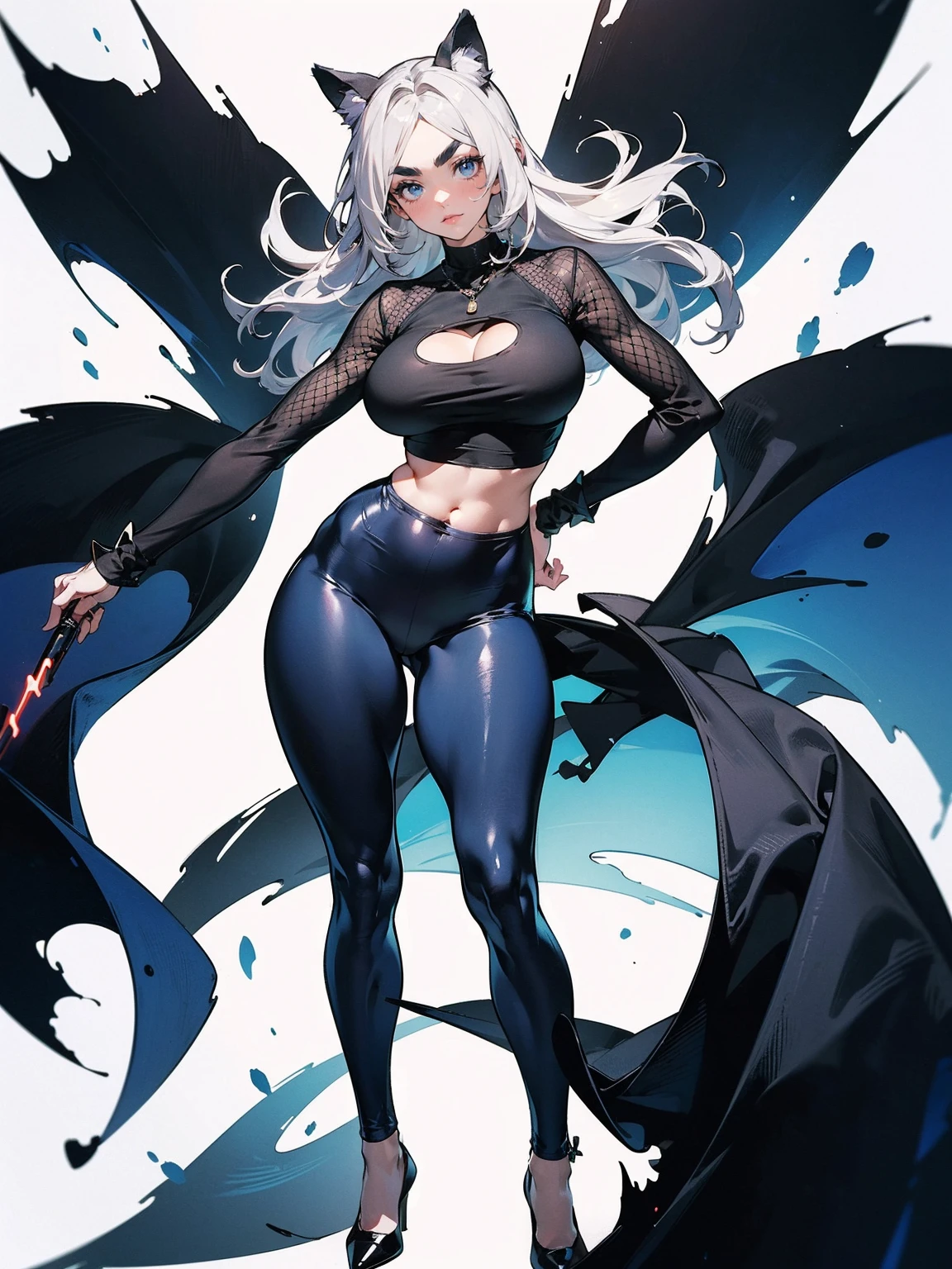 Sense of presence, look up, Focus on shoes, (White Hair Girl), (Thick, dark blue eyebrows:1.4), (Dark blue eyebrows:1.7), (Thick eyebrows:1.3), (Huge black fluffy animal ears:1.1), (Black animal ears:1.1), BREAK, (((Mesh Stitching Crop T-Shirt, Cutout Long Sleeve Top))),BREAK, (Big Breasts:1.2, Thick legs, Adult female body, Sturdy body:1.2), ((full body:1.7, Contrapposto:1.5)), (sharp eyes, Ultra-high definition CG, Precisely designed costumes, 4K, 8k, Ultra-high definition CG, Precisely designed costumes, Clear lines, Expressive and Captivating Eyes, Fine Details and Realistic Textures, cinematic lighting), ((white background)), BREAK, (Wearing black leggings with holes), Skinny sleeves, (Torn and holey leggings:1.2)(Black leggings:1.4), (過剰なRuggedThick soleブーツを履いています:1.2), (Thick sole:1.5), (Big shoes:1.3), brwak,((Lightsabers:1.3, embarrassed))