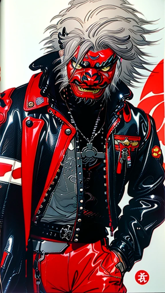 lion dance　whole body　cyber punk　 Japan　　Leather jacket　Gray Hair　AKIRA 　male　Fantasy