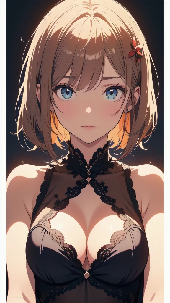 Absuris, Very isetaileis,Bright colors, Very beautiful anis isetaileis anime faces anis eyes, Look straight, ;is, Shiny_skin,Age 25, short hair, , Asymmetrical bangs, (Blonise short twin tails:1.4),(I wear clothes:1.7),(Bra very:1.4),Shiny hair, Delicate anis beautiful face,(surpriseis:1.7) ,blush,Sweat,blue eyes, White skin, Valletta, Earrings, necklace,(Brown sleeveless:1.2), Beautiful Clouiss, Twilight Sky,