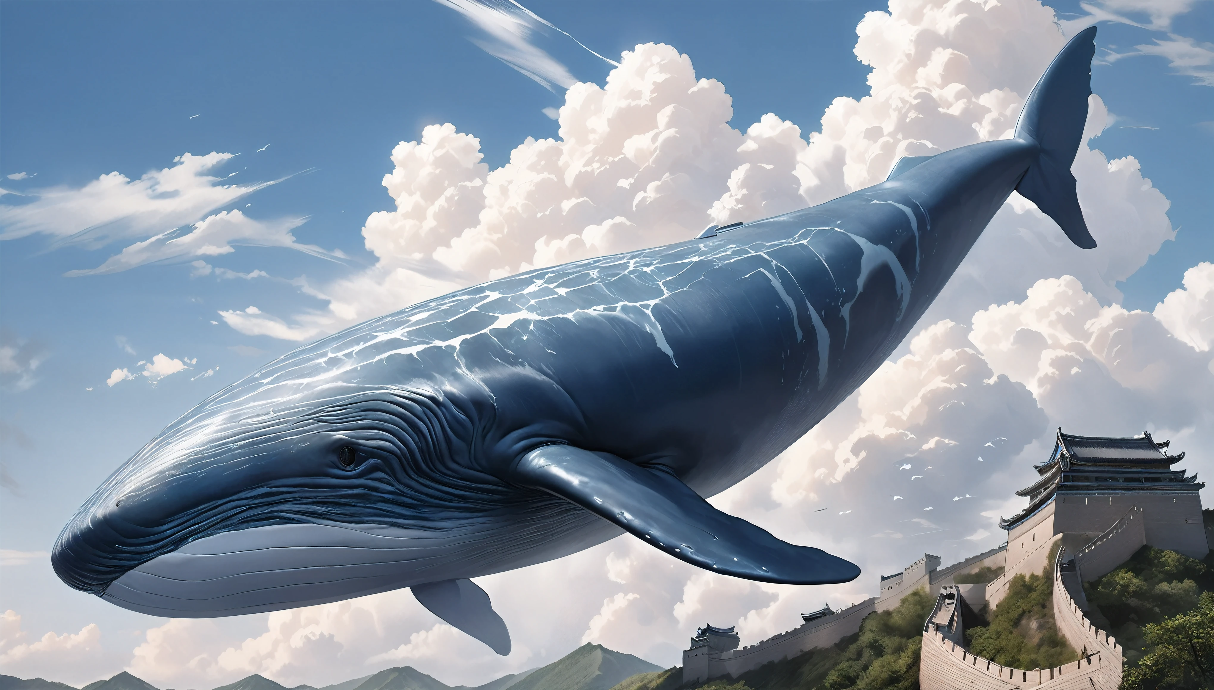 Blue whale flying in the sky, Aesthetic Moby Dick, dynamic, Splash-like clouds, BREAK Above the runway at the airport, (Realistic, Realistic photos:1.37, Photorealistic), 