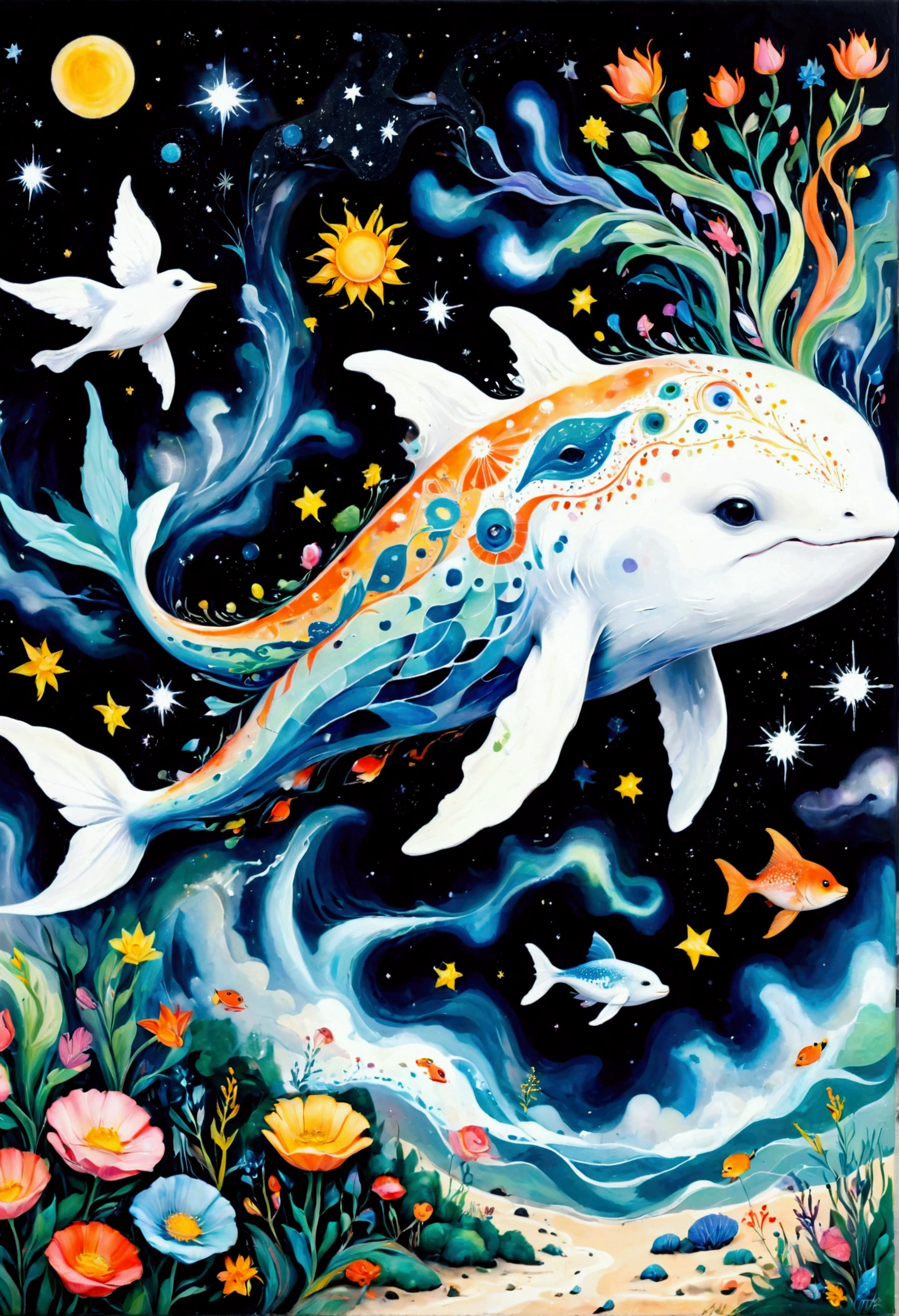 Children's graffiti,Thick coating，Concave and convex texture，Oil pastel strokes：Artists from the stars，Child，joy， Flying white Whale:1.37、Eruption Cloud、flowesh、章fish触手瀑布。、bird、Eye、diatom，Abstract mosaic painting，Describing the inner world of autistic people，Large area of white，interesting，Innocence，Vision，Psychedelic Art，Black starry sky
