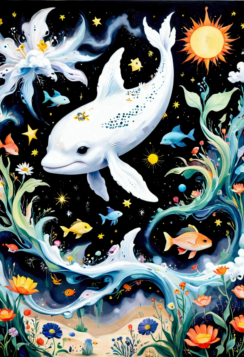 Children's graffiti,Thick coating，Concave and convex texture，Oil pastel strokes：Artists from the stars，Child，joy， Flying white Whale:1.37、Eruption Cloud、flowesh、章fish触手瀑布。、bird、Eye、diatom，Abstract mosaic painting，Describing the inner world of autistic people，Large area of white，interesting，Innocence，Vision，Psychedelic Art，Black starry sky
