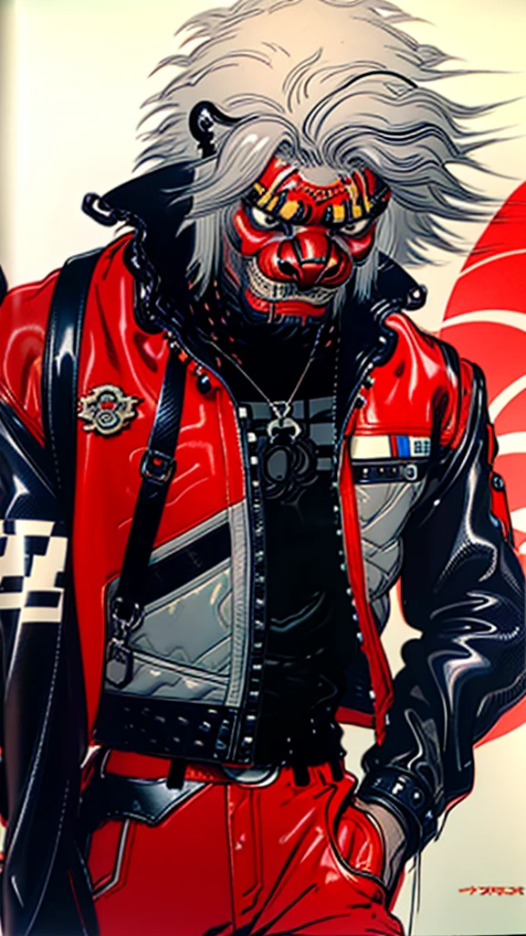 lion dance　whole body　cyber punk　 Japan　　Leather jacket　Gray Hair　AKIRA 　male　Fantasy