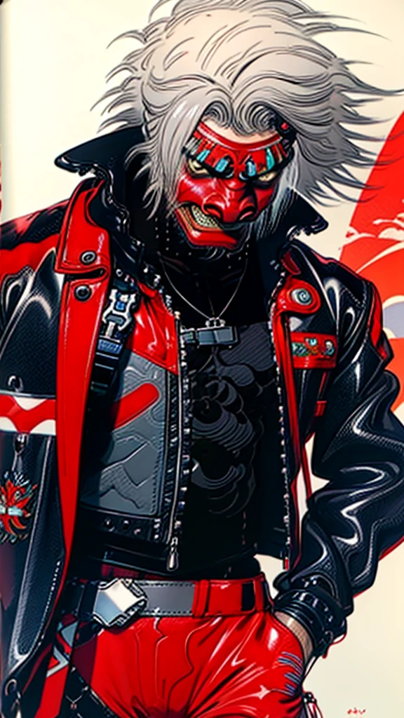 lion dance whole body cyber punk Japan Leather jacket Gray Hair AKIRA male Fantasy