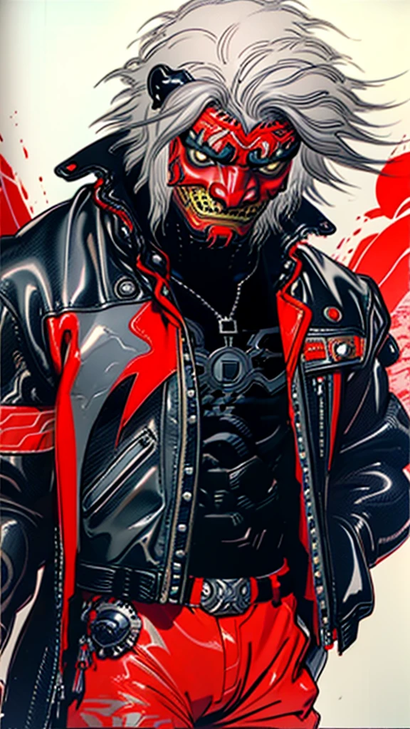 lion dance whole body cyber punk Japan Leather jacket Gray Hair AKIRA male Fantasy