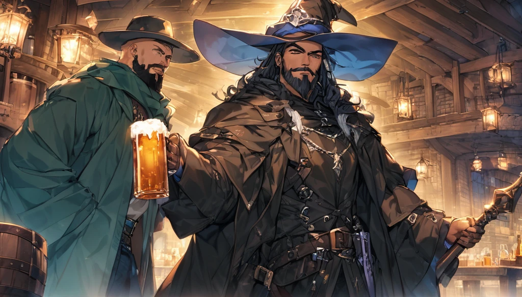 (Anime Infinite Stratus Art, 8k, ultra full high definition, epic quality, epic texture). The {{char}} is the focus of the scene, he is a man, he is 31 years old, he is a wizard, he is bald, he has a long black beard, brown eyes, white skin, he is muscular and short, wide chest, medium waist, wide hips, strong legs, he wears a wizard's robe, wizard's clothes, a pointy wizard's hat, he is drinking beer, apparently he is very drunk and happy, people love him. The setting is a large RPG-style medieval tavern, very detailed, full of people (men and women, from different RPG classes) drinking and partying in the surroundings with {{char}}. The atmosphere is happy, celebratory and a lot of fun.