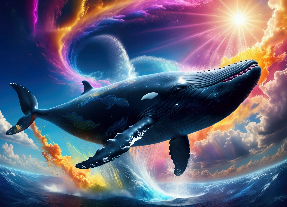 (Flying Whale), in Solar Sanctuary, standing beneath a sky filled with swirling colorful clouds of solar plasma and colorful streams of charged particles from the sun, full body, award-winning, cinematic still, emotional, vignette, dynamic, vivid, (masterpiece, best quality, Professional, perfect composition, very aesthetic, absurdres, ultra-detailed, intricate details:1.3)