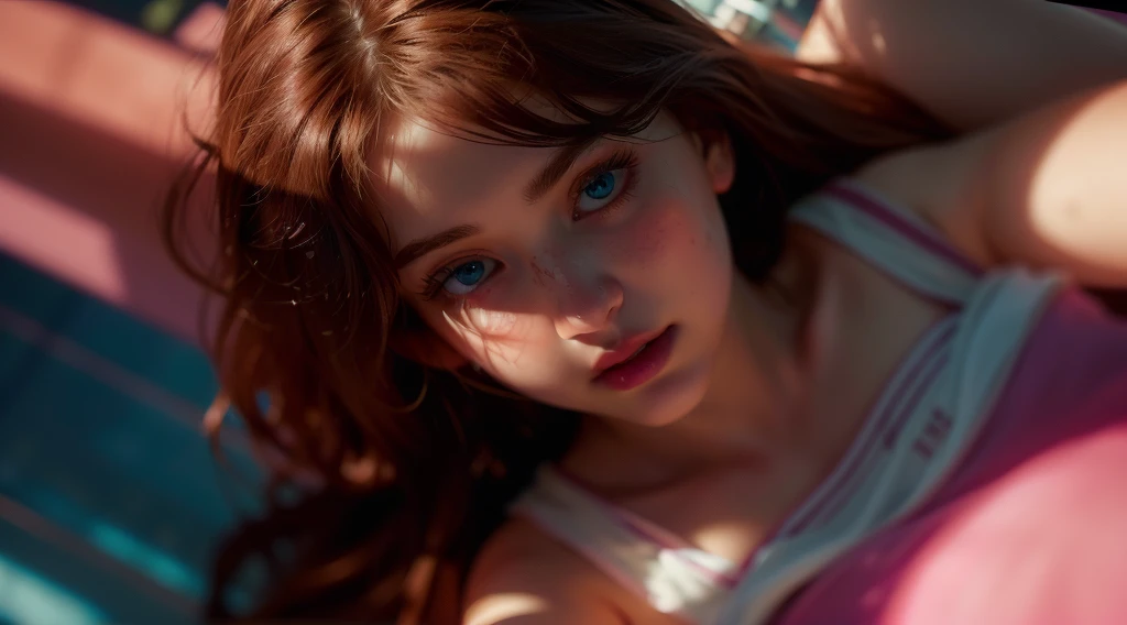 (((ultra realistic))) Photo, masterpiece, top quality, (pale skin), (Ultra detailed face and eyes:1.3), 1 girl, Adult, in a T-shirt, ((Eye makeup, mascara)), (large detailed lips), ((Pink волосы в хвост)), ((Chyolka)) , (Natural breasts), Slim waist. ((Posing)), photoshoot, studio (soft lighting), (The play of light and shadows), depth of field, bokeh, (special attention to skin detail: 1.2), Detailed leather texture, skin pores. (Warm atmosphere of the frame. Color range - purple, Pink, blue tones), UDR, ((Film grain)), ((rays)), (Glare), ((Photo to the waist, view from above)) , ultra detialed,