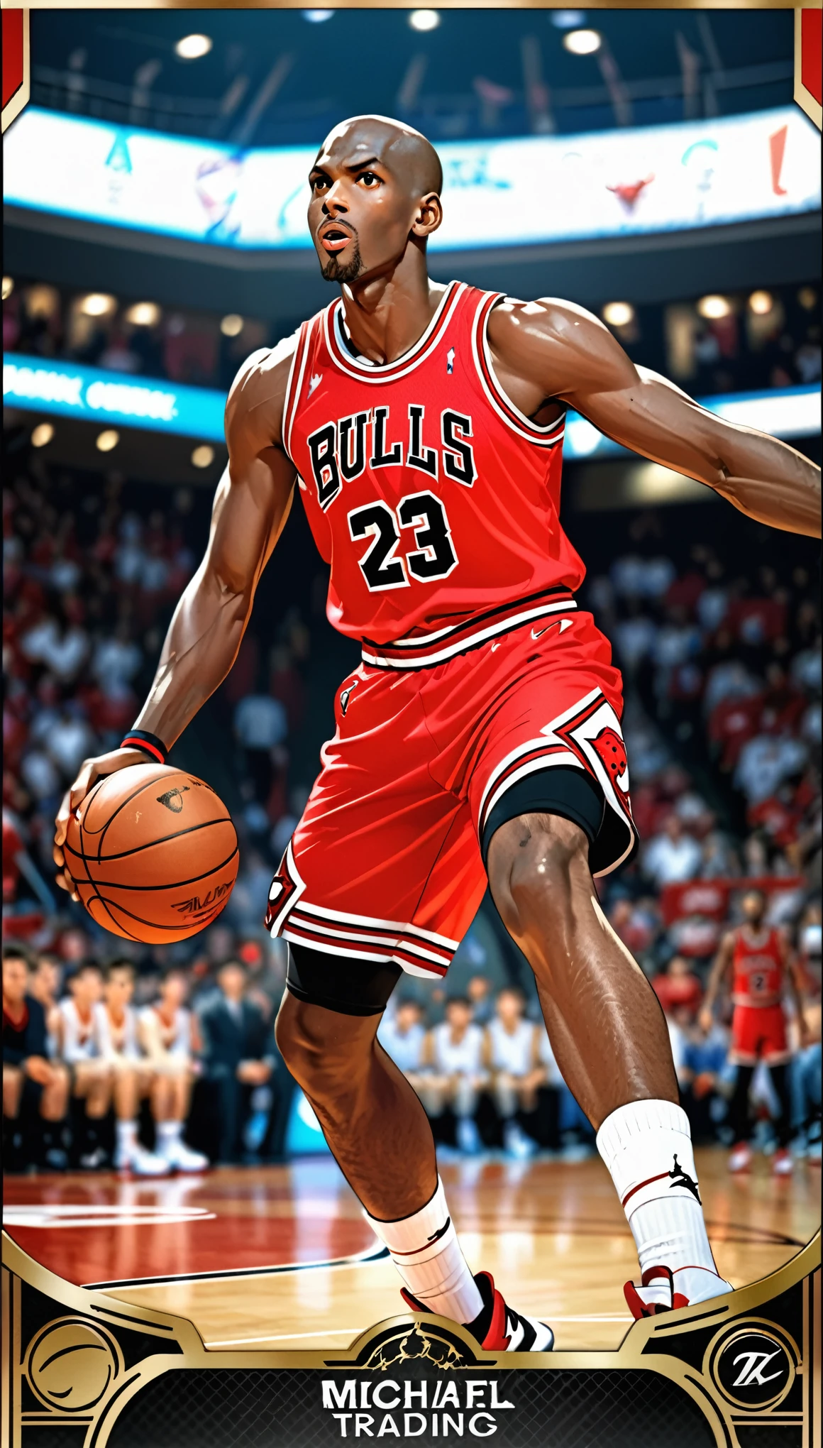 (masterpiece:1.2,Highest quality,Highest quality,High resolution),(Super detailed),(Anime Style),8k,wallpaper,One Man,Black,Basketball Player,Michael Jordan,Detailed face,Sticking out tongue,Chicago Bulls Uniforms,((front)),(((dribble:1.6))),(((Dynamic Angles),Basketball Court,(((Background Blur))),(((Upper body close-up))),((From below)),(Basketball Playerトレーディングカード),(((Beautiful trading cards:1.2))),((Special trading cards:1.3)),((Upper Deck inspired design:1.2))