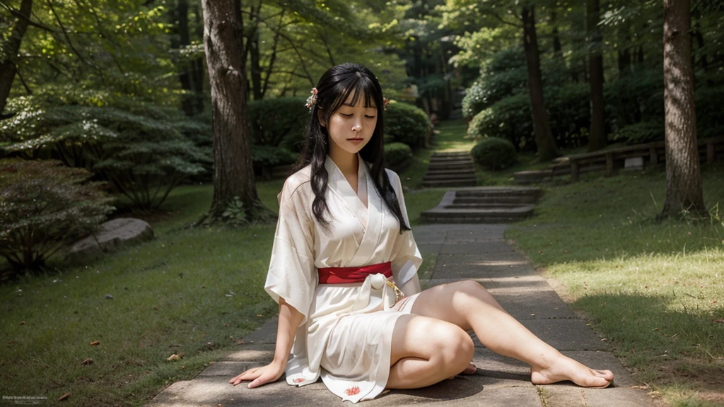 A beautiful shrine maiden in an elegant, sheer kimono stands gracefully on a sacred hill in the forest., A gold collar around his neck、Her chest is exposed and beautiful.。The feet are wearing sandals.。A kimono with a waist-length slit and knee-length。The colors are a perfect combination of red and white, which are symbols of purity.. Her jet black hair flowed long, well maintained、Shining in the sunlight. Her deep, His bright dark eyes radiated calm and wisdom., As if it holds an ancient tale from the past.. Her smooth, symmetrical face has the soft, calm Japanese look.、A gentle smile that gives off an aura of peace to the viewer, with the teeth faintly visible。He is praying towards the sky diagonally above and to the right.