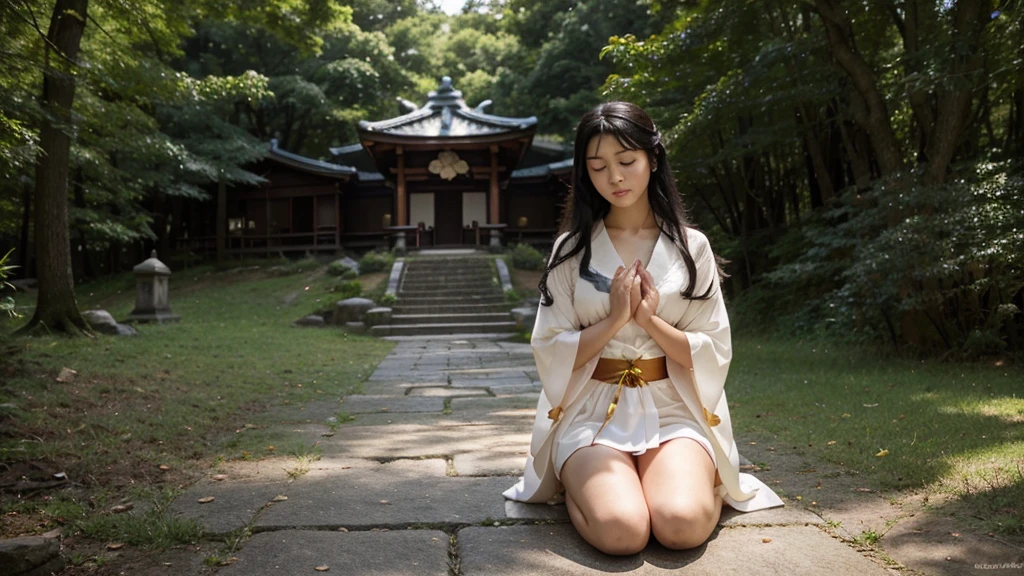 A beautiful shrine maiden in an elegant, sheer kimono stands gracefully on a sacred hill in the forest., A gold collar around his neck、Her chest is exposed and beautiful.。The feet are wearing sandals.。A kimono with a waist-length slit and knee-length。The colors are a perfect combination of red and white, which are symbols of purity.. Her jet black hair flowed long, well maintained、Shining in the sunlight. Her deep, His bright dark eyes radiated calm and wisdom., As if it holds an ancient tale from the past.. Her smooth, symmetrical face has the soft, calm Japanese look.、A gentle smile that gives off an aura of peace to the viewer, with the teeth faintly visible。He is praying towards the sky diagonally above and to the right.