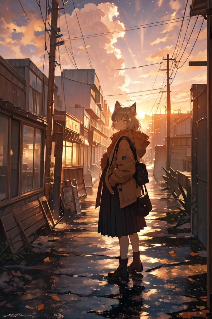 1. **Character**:
   - The character is standing with her back to the viewer, facing the sunset.
   - She has cat ears, which may suggest she is either a fantasy character or wearing some kind of accessory.
   - Her outfit consists of a light brown jacket with dark trim, likely a , and a pleated gray skirt.
   - She has a shoulder bag or satchel slung over her right shoulder.

2. **Environment**:
   - The setting is an urban area, appearing to be in a state of decay or abandonment.
   - Buildings are visible in the background, many of which have visible signs of wear, damage, and overgrowth.
   - The foreground has broken or uneven terrain, possibly remnants of collapsed structures or streets.

3. **Lighting and Atmosphere**:
   - The scene is bathed in warm, golden light from the setting sun.
   - The sun is low on the horizon, casting long shadows and creating a dramatic, melancholic atmosphere.
   - The sky is partly cloudy with scattered clouds lit up by the sunset, enhancing the warm tones.

4. **Details**:
   - There are some leaves or small debris being carried by the wind, adding a sense of movement and life to the otherwise still scene.
   - Vegetation is visible, with some plants growing through the cracks in the broken urban landscape.
   - The overall atmosphere is a mix of serene and somber, with the character standing still, perhaps contemplating the scene before her.

5. **Overall Composition**:
   - The composition directs the viewer's eye towards the horizon where the sun is setting.
   - The character's placement in the foreground adds a personal element to the vast, desolate urban landscape.
   - The contrast between the warm light of the sunset and the cool, muted colors of the ruined city creates a striking visual impact.

The image evokes a strong emotional response, blending themes of decay and hope, solitude and contemplation, suggesting a story or journey behind the character and the scene.