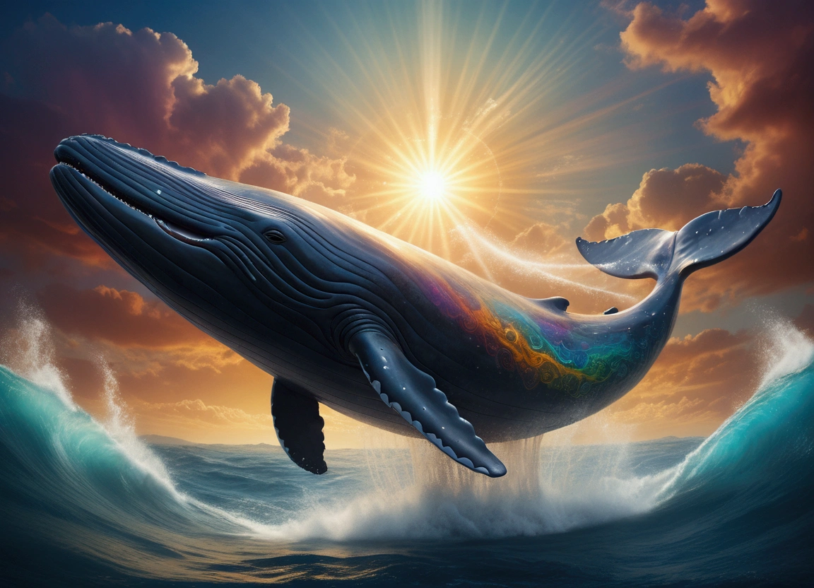 (Flying Whale), in Solar Sanctuary, standing beneath a sky filled with swirling colorful clouds of solar plasma and colorful streams of charged particles from the sun, full body, award-winning, cinematic still, emotional, vignette, dynamic, vivid, (masterpiece, best quality, Professional, perfect composition, very aesthetic, absurdres, ultra-detailed, intricate details:1.3)