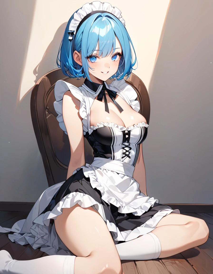 Beautiful girl in maid、(Top quality illustrations:1.2), (pretty girl:1.1), (1 girl、17 years old、Top quality illustrations:1.2), (1 girl、smile、Medium chest、Beautiful breasts、Highly detailed eyes:1.2)、Bright blue hair、Short Bob Hair、(Black and white maid costume、White knee-high socks) 、Sitting on the floor、White background、Simple Background