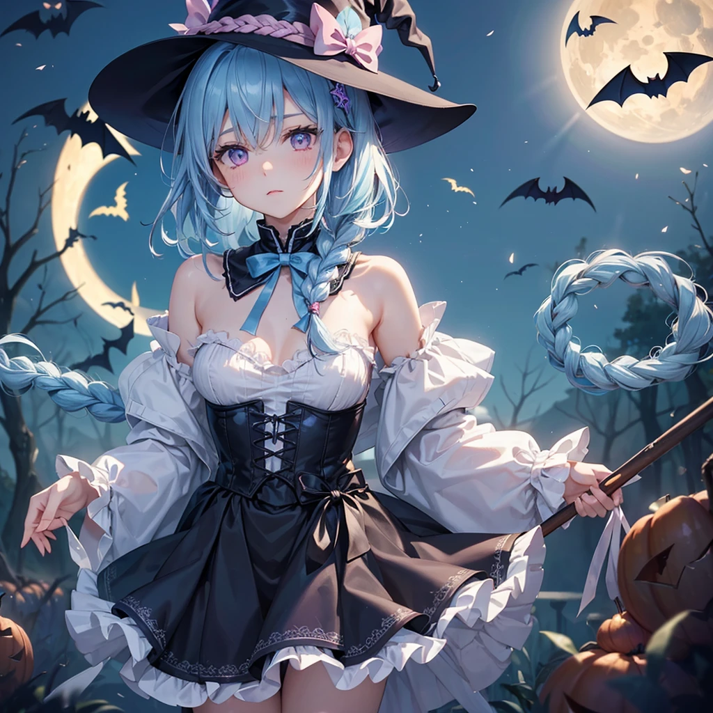 (Light blue medium hair:1.2),(Braided hair:1.2)、Pink eyes、Fair skin、cowboy shot、Halloween、The background is a pumpkin ghost、Crescent Moon、Trick or Treat、A lot of sweets、witch、Halloween night、Candy、many bat、Condescending expression、solo、(masterpiece、Highest quality、Very detailed、Best Shadow)、(Detailed Background)、(Beautifully detailed face)、High contrast、(Best lighting、Very delicate and beautiful)、(Cinematic Light)、colorful、Hyper Detail、Dramatic Light、Exquisite detail、