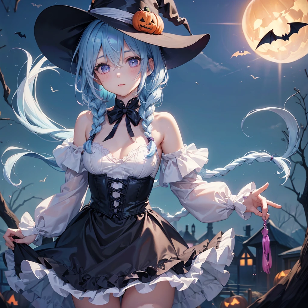 (Light blue medium hair:1.2),(Braided hair:1.2)、Pink eyes、Fair skin、cowboy shot、Halloween、The background is a pumpkin ghost、Crescent Moon、Trick or Treat、A lot of sweets、witch、Halloween night、Candy、many bat、Condescending expression、solo、(masterpiece、Highest quality、Very detailed、Best Shadow)、(Detailed Background)、(Beautifully detailed face)、High contrast、(Best lighting、Very delicate and beautiful)、(Cinematic Light)、colorful、Hyper Detail、Dramatic Light、Exquisite detail、