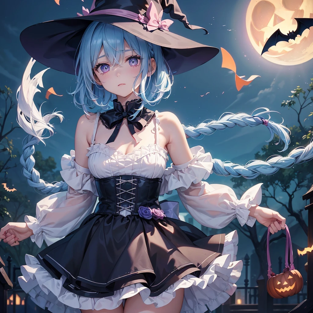(Light blue medium hair:1.2),(Braided hair:1.2)、Pink eyes、Fair skin、cowboy shot、Halloween、The background is a pumpkin ghost、Crescent Moon、 or Treat、A lot of sweets、witch、Halloween night、Candy、many bat、Condescending expression、solo、(masterpiece、Highest quality、Very detailed、Best Shadow)、(Detailed Background)、(Beautifully detailed face)、High contrast、(Best lighting、Very delicate and beautiful)、(Cinematic Light)、colorful、Hyper Detail、Dramatic Light、Exquisite detail、