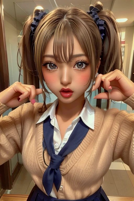 one girl, (((Open your mouth)))、Put your hands on your face、uniform、Beautiful breasts、 Brown eyes, ((Twin tails)) blonde, girl, (Eye and facial details:1.0), break, (masterpiece, Highest quality, Very detailed, Detailed face, 8k)