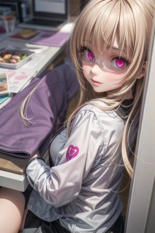 (Tabletop:1.0), (highest quality:1.4), (High resolution:1.2), From the side,Sharp contours, boyish, highest quality, masterpiece,Glasses,Voice of the Heart,20-year-old woman,yandere,Big Breasts,Chest to chest,Lying face down,Upper Body,Ecstasy,saliva,blush,Squint your eyes,Heterochromia iridis,Tuck up your clothes,lure