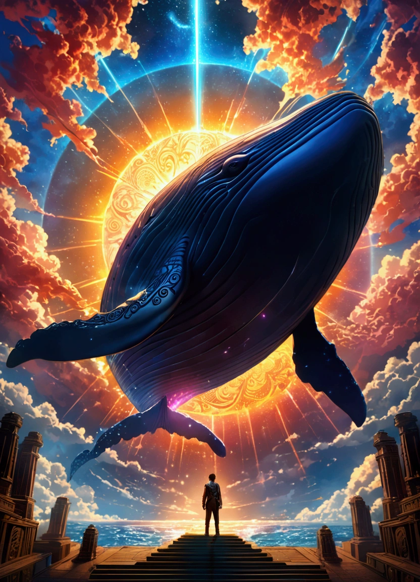 (Flying Whale), in Solar Sanctuary, standing beneath a sky filled with swirling colorful clouds of solar plasma and colorful streams of charged particles from the sun, full body, award-winning, cinematic still, emotional, vignette, dynamic, vivid, (masterpiece, best quality, Professional, perfect composition, very aesthetic, absurdres, ultra-detailed, intricate details:1.3)
