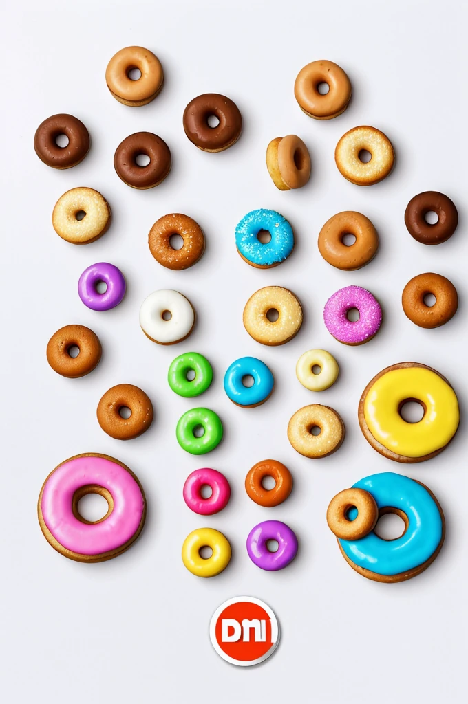 Draw a circular and 2D logo, the white background, that inside there are mini donuts of different colors, cartoon guy