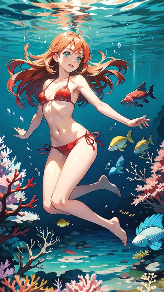 a girl in a bikini swimming in the sea the image divided by a wave of crystal clear water underwater ,corals reefs , beautiful fish